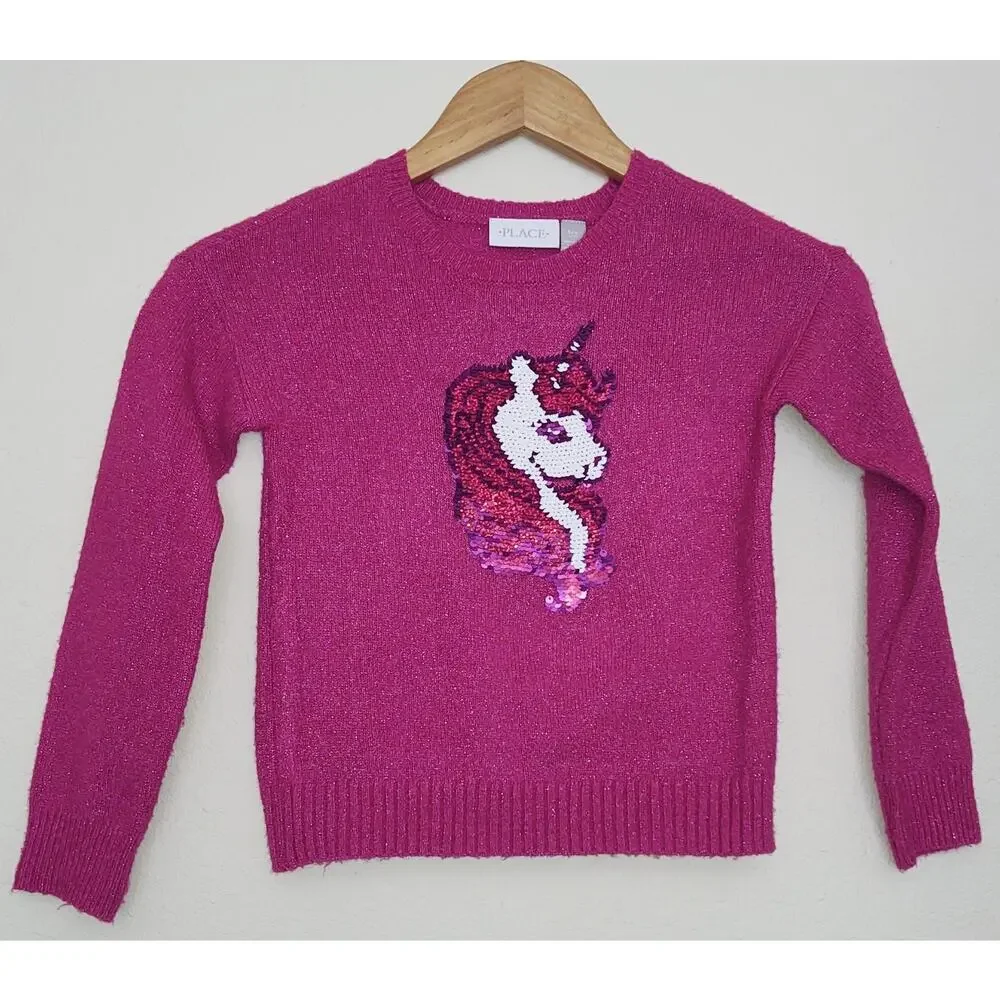 The Children's Place - Girls Flip Sequin Unicorn Sweater - shimmery pink sz 5-6
